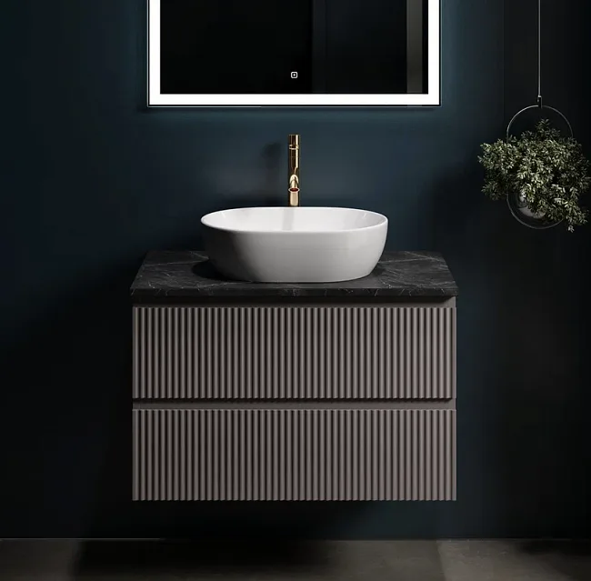 Тумба с раковиной Sancos Snob R 80 см, doha soft, столешница черный мрамор, раковина CN6019 Sancos — Оригинал