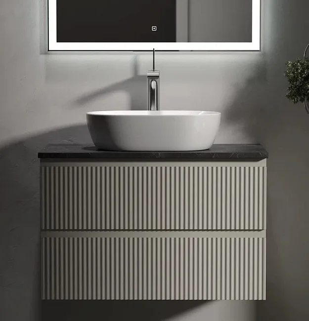 Тумба с раковиной Sancos Snob R 80 см, beige soft, столешница черный мрамор, раковина CN5010 Sancos — Оригинал