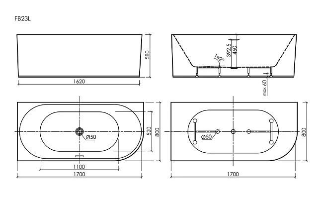 Акриловая ванна Sancos Edge 170x80 см, левая, FB23L Sancos — Оригинал