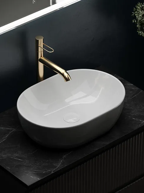 Тумба с раковиной Sancos Snob R 80 см, doha soft, столешница черный мрамор, раковина CN6019 Sancos — Оригинал