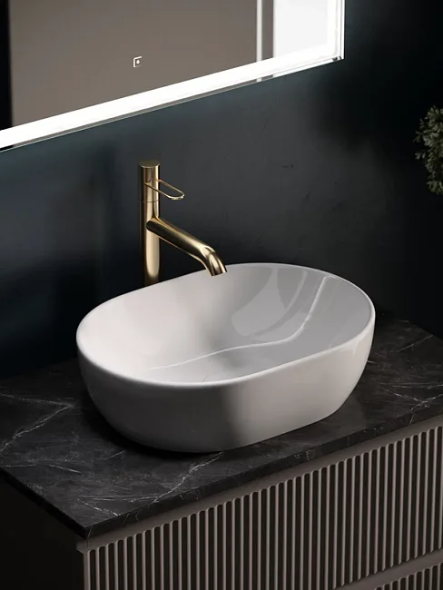 Тумба с раковиной Sancos Snob R 80 см, doha soft, столешница черный мрамор, раковина CN6019 Sancos — Оригинал